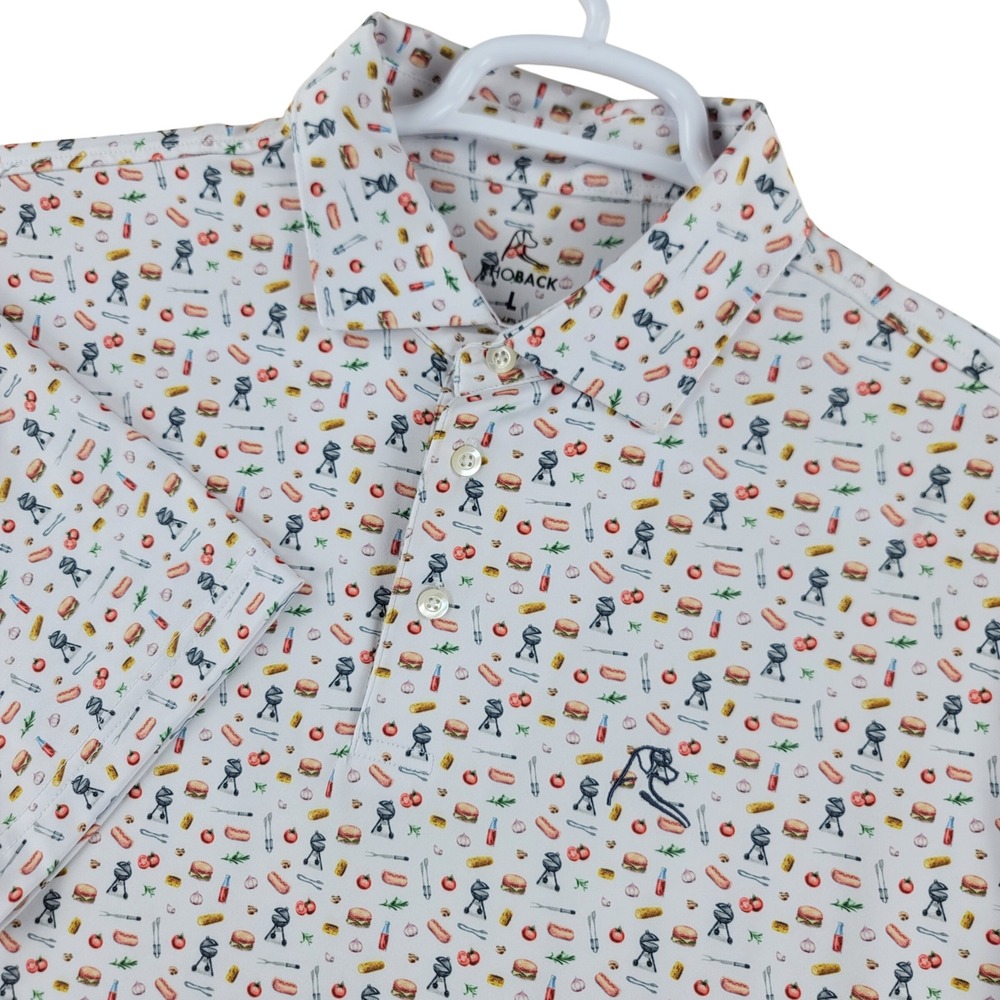 Rhoback Polo Shirt Mens L White BBQ Grillmaster Print Performance Short Sleeve